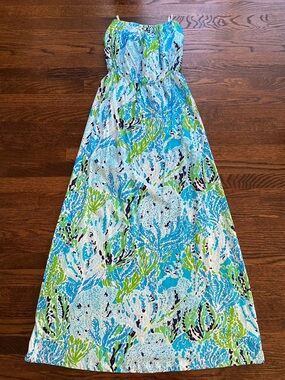 Lilly Pulitzer Strapless Marlisa Maxi Dress - Let’s Cha Cha blue/green SMALL EUC